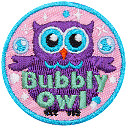 A purple owl stares at the viewer. The words across the bottom read Bubbly Owl.