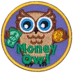A brown owl holds paper money and a coin.