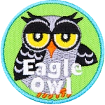 A grey owl with black wings and half-lidded eyes. The words Eagle Owl are at the bottom.