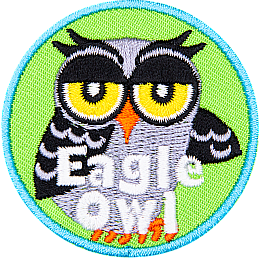 A grey owl with black wings and half-lidded eyes. The words Eagle Owl are at the bottom.