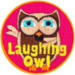 A brown laughing owl with the words Laughing Owl at the bottom.