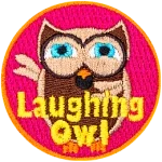 A brown laughing owl with the words Laughing Owl at the bottom.
