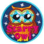 A brown owl with blue stars for eyes. The words Starry Owl are across the bottom, and the background is filled with stars.