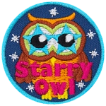 A brown owl with blue stars for eyes. The words Starry Owl are across the bottom, and the background is filled with stars.