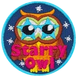 A brown owl with blue stars for eyes. The words Starry Owl are across the bottom, and the background is filled with stars.