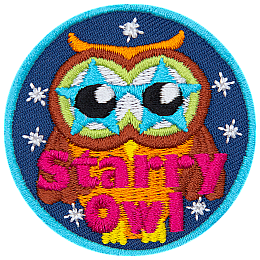 A brown owl with blue stars for eyes. The words Starry Owl are across the bottom, and the background is filled with stars.