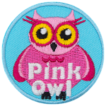 A pink owl with yellow eyes. The words Pink Owl are at the bottom.