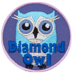 A blue owl with its wings wrapped close. The words Diamond Owl are at the bottom.