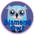 A blue owl with its wings wrapped close. The words Diamond Owl are at the bottom.