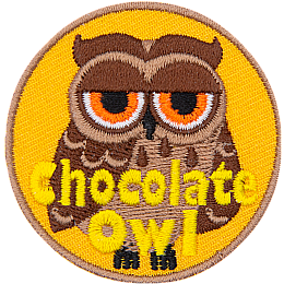 A brown owl with dark brown wings and half-lidded orange eyes. The words Chocolate Owl are at the bottom.