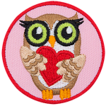 A brown owl holding a red heart.