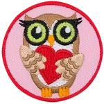 A brown owl holding a red heart.