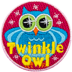 A chubby blue owl with sparkling eyes surrounded by sparkles. The words Twinkle Owl are across the bottom.