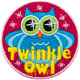 A chubby blue owl with sparkling eyes surrounded by sparkles. The words Twinkle Owl are across the bottom.