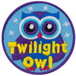 A purple and blue owl with the words Twilight Owl at the bottom.