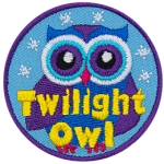 A purple and blue owl with the words Twilight Owl at the bottom.