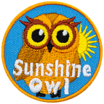 A golden owl with the sun behind it and the words Sunshine Owl at the bottom.