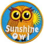 A golden owl with the sun behind it and the words Sunshine Owl at the bottom.