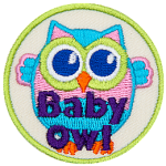 A pink and blue owl with its wings outstretched. The words Baby Owl are at the bottom.