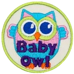 A pink and blue owl with its wings outstretched. The words Baby Owl are at the bottom.