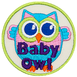 A pink and blue owl with its wings outstretched. The words Baby Owl are at the bottom.