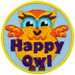 A fat orange owl with smiling eyes. The words Happy Owl are at the bottom.