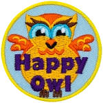 A fat orange owl with smiling eyes. The words Happy Owl are at the bottom.