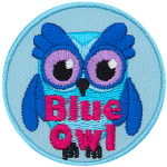 An owl in various shades of blue with the words Blue Owl at the bottom.