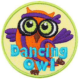 A purple and orange owl with a sweatband. The words Dancing Owl are across the bottom.