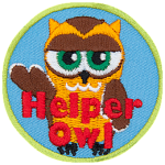 A cream and brown owl with half-lidded eyes with its wing stretched out. The words Helper Owl are across the bottom.