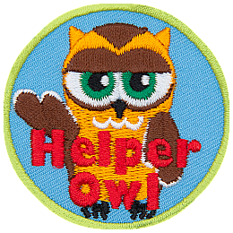 A cream and brown owl with half-lidded eyes with its wing stretched out. The words Helper Owl are across the bottom.