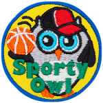 A black and white owl wearing a baseball cap and holding a basketball. The words Sporty Owl are across the bottom.