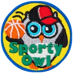 A black and white owl wearing a baseball cap and holding a basketball. The words Sporty Owl are across the bottom.