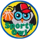 A black and white owl wearing a baseball cap and holding a basketball. The words Sporty Owl are across the bottom.