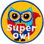 A blue owl with a red cape. The words Super Owl are at the bottom.