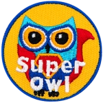 A blue owl with a red cape. The words Super Owl are at the bottom.