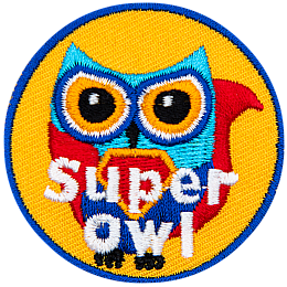 A blue owl with a red cape. The words Super Owl are at the bottom.