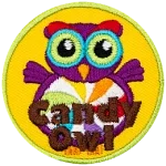 A purple owl with a swirled candy for its stomach. The words Candy Owl are at the bottom.