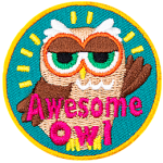 A brown owl with half-lidded eyes and a raised wing. The words Awesome Owl are at the bottom.