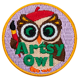 An owl holding a paintbrush and wearing a beret.