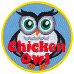 A black and white owl with the words Chicken Owl at the bottom.