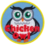 A black and white owl with the words Chicken Owl at the bottom.