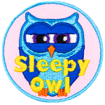 A very tired blue owl squinting to keep awake. The words Sleepy Owl are at the bottom.