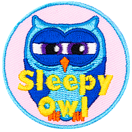 A very tired blue owl squinting to keep awake. The words Sleepy Owl are at the bottom.