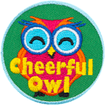 A smiling pink and orange owl with the words Cheerful Owl at the bottom.