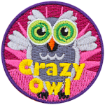 A grey owl with its wings outstretched. The words Crazy Owl are at the bottom.