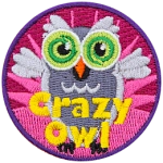 A grey owl with its wings outstretched. The words Crazy Owl are at the bottom.