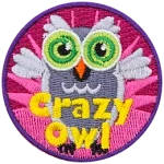 A grey owl with its wings outstretched. The words Crazy Owl are at the bottom.