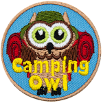 A brown owl with a red sleeping bag and a green bucket hat. The words Camping Owl are across the bottom.