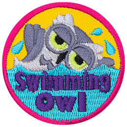 A white owl swimming in water. The words Swimming Owl are in the water.